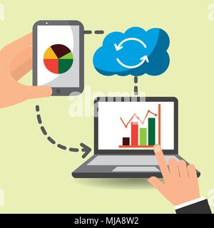 hand with laptop smartphone sharing data cloud storage vector illustration Stock Vector