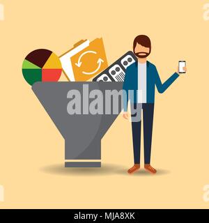 man holding smartphone with big filter folder data server vector illustration Stock Vector