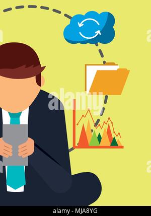 businessman with mobile phone and cloud computing files and graph vector illustration Stock Vector