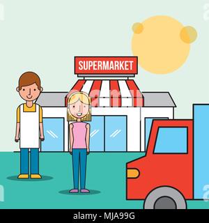 salesman and customer woman front supermarket truck transport Stock Vector