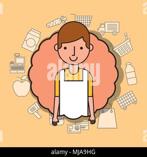 portrait man cartoon wit apron supermarket employee Stock Vector