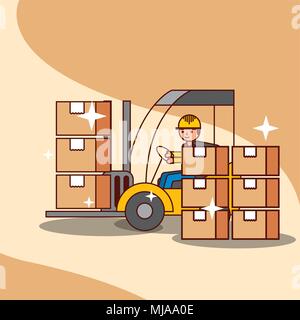 Forklift truck with worker driving isolated on white vector ...