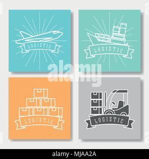 logistic boat cargo forklift plane boxes emblem style Stock Vector