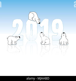 Four Cute Polar Bears and New Year 2019 with Reflections on an Ice Blue Cold Background Stock Photo