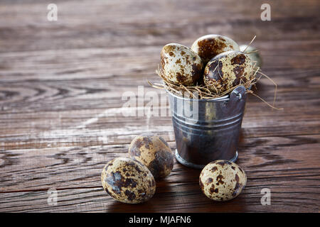 Small metal decorative bucket filled with fresh quail eggs on dark wooden table, close-up, selective focus. Rural decoration. Studio shot. Organic com Stock Photo