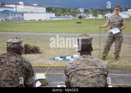 2nd Lt. Katherine Boy, the forward observer officer in charge for Golf Company, 3rd Battalion, 12th Marine Regiment, 3rd Marine Division, briefs the battalion commanding officer, executive officer and sergeant major on the plan of operations April 26, 2018, on the Combined Arms Training Complex, Camp Fuji, Japan. Artillery Relocation Training Program 18-1 is a Japan-funded, routine training exercise that allows Marines with the battalion based out of Camp Hansen, Okinawa, Japan, to conduct live-fire training in Japan. Boy is a native of Rochester, New York. The Okinawa-based battalion is the o Stock Photo