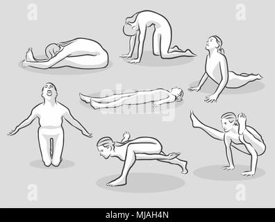 Set of Hand drawn woman practicing yoga poses. Vector illustration of yoga  poses in sketch style isolated on white background. Asanas sketches Stock  Vector | Adobe Stock