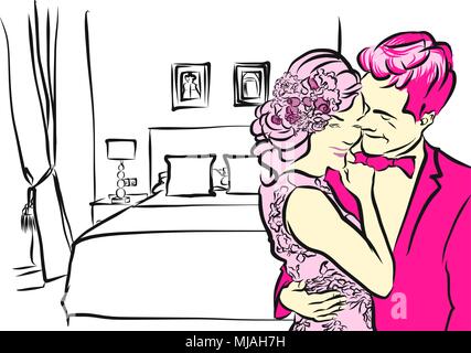 Man kisses Girl in Hotel Room, Hand Drawn Outline Sketch, Stock Vector