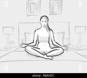 woman practicing siddhasana yoga exercises on the bed at home or hotel, Hand Drawn Outline Sketch. Stock Vector