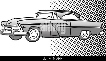 Old American Car Side View, Hand Drawn Sketch, Vector Outlines Stock Vector