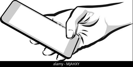 Sketched Hand Holding Mobile Phone, Handmade Artwork Stock Vector