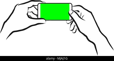 Holding Mobile in Landscape Mode. Hand Drawn Outline Artwork with Green Screen. Stock Vector