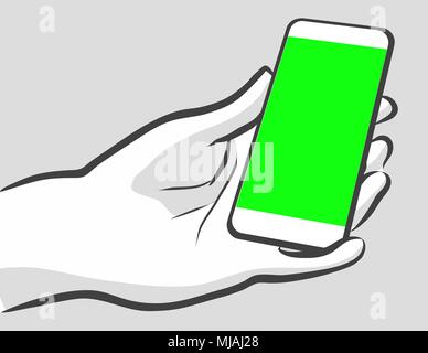 Holding Mobile in Portrit Mode. Hand Drawn Outline Artwork with Green Screen. Stock Vector