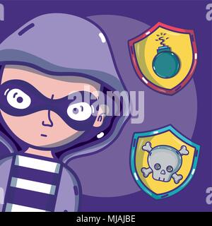 Hacker with virus and cybercrimes symbols Stock Vector