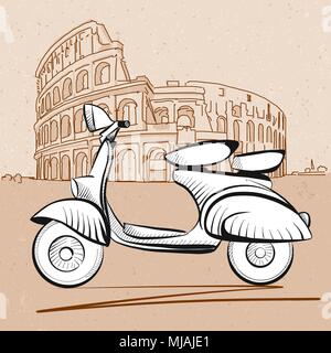 Italian Scooter in Front of Colosseum in Rome, Hand Drawn Vector Artwork Stock Vector