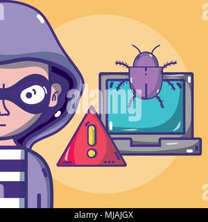 Hacker with symbols cartoons Stock Vector