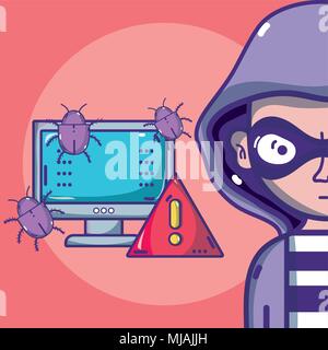 Hacker with symbols cartoons Stock Vector