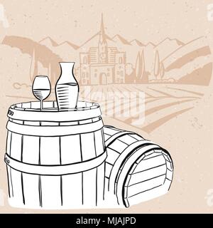 Carafe, Glass of Vine on Barrel with Vineyard Vintage Background, Hand drawn Vector Artwork Stock Vector