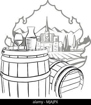 Carafe, Glass of Vine on Barrel in Front of Illustrated Farm, Hand drawn Vector Artwork Stock Vector