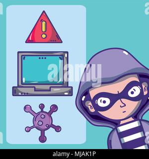 Hacker with cybercrimes and virus symbols Stock Vector