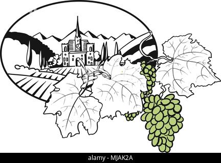 Vineyard Farm Cover Design with colored Grapes, Hand drawn Vector Artwork Stock Vector