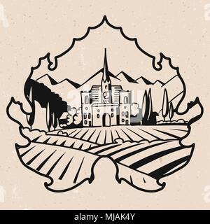 Vineyard Villa with Fields Logo in Outlined Leaf, Hand drawn Vector Artwork Stock Vector