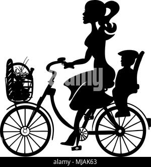 Lady with Baby Child on Bicycle, Sketched Hand drawn Vector Artwork Stock Vector