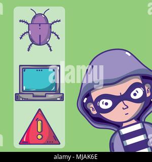 Hacker with cybercrimes and virus symbols Stock Vector