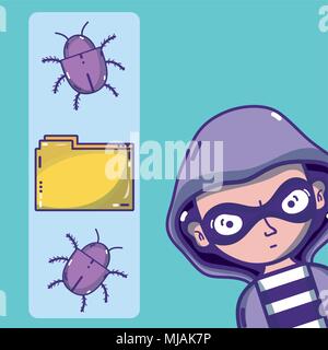 Hacker with cybercrimes and virus symbols Stock Vector