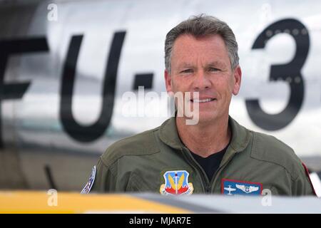 Kevin Elderidge, Air Force Heritage Flight Foundation pilot, poses for a photo during Beale's Air & Space Expo at Beale Air Force Base, Calif., April 28, 2018. Elderidge flew the F-86 Sabre for the Heritage Flight alongside the F-22 Raptor. Stock Photo