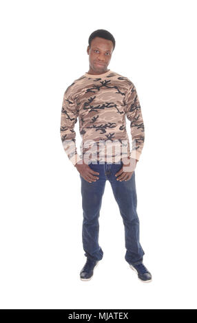 An African American man standing isolated for white background with his hands in his pocket, looking sad, isolated for white background Stock Photo