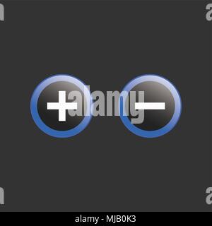 Plus minus icons, blue circle isolated on black background. Stock Vector