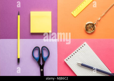 Set of school and preschool childrens accessories for learning letter drawing education on background of multi colored paper Concept Back to school co Stock Photo