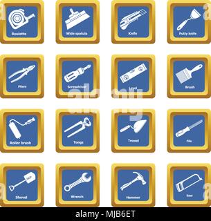 Building hand tool icons set vector blue square isolated on white background Stock Vector