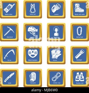 Speleology equipment icons set vector blue square isolated on white background Stock Vector