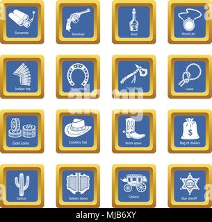 Wild west icons set vector blue square isolated on white background Stock Vector
