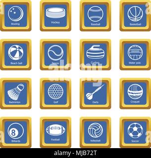 Sport balls equipment icons set vector blue square isolated on white background Stock Vector
