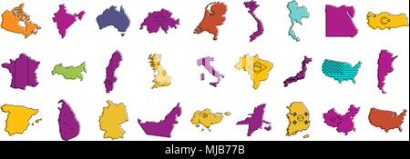 Country map icon set. Color outline set of country map vector icons for web design isolated on white background Stock Vector