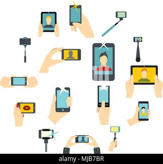 Flat selfie icons set. Universal selfie icons to use for web and mobile UI, set of basic selfie elements isolated vector illustration Stock Vector