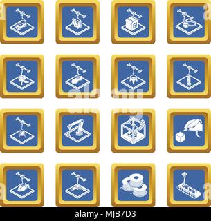3d printing icons set vector blue square isolated on white background Stock Vector