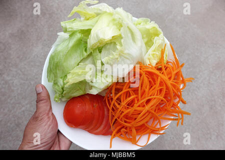 Iceberg lettuce, shredded carrot and tomato slices on white plate Stock Photo