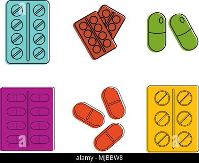 Pills icon set, color outline style Stock Vector