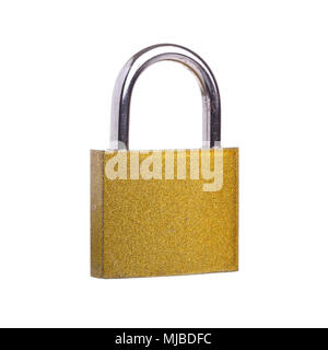 A locked golden padlock isolated on white background. Stock Photo