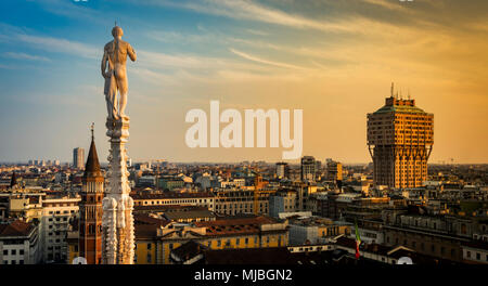 Skyline of Milan, Italy at sunset. View from the Roof Terrance of Duomo Di Milano. Stock Photo