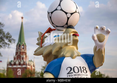 Closeup view of the mascot of the World Cup 2018, the wolf cub 'Zabivaka' is installed on the Manege Square in central Moscow, Russia Stock Photo