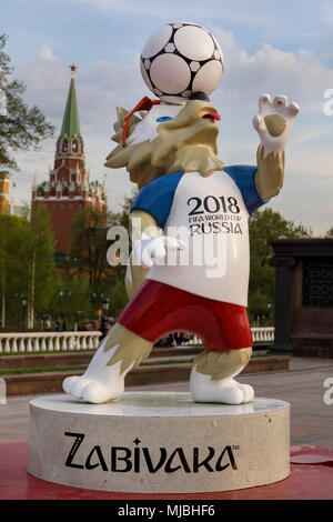 Closeup view of the mascot of the World Cup 2018, the wolf cub 'Zabivaka' is installed on the Manege Square in central Moscow, Russia Stock Photo