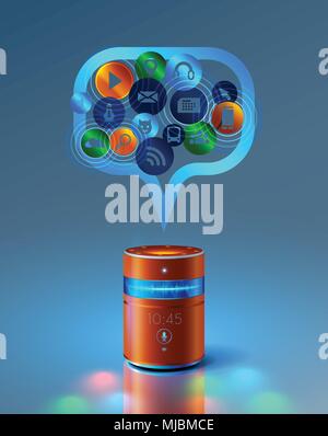 Smart speaker gives access to the Internet via voice control.Bubble above a smart column with the computer icons on the Internet services. Stock Vector