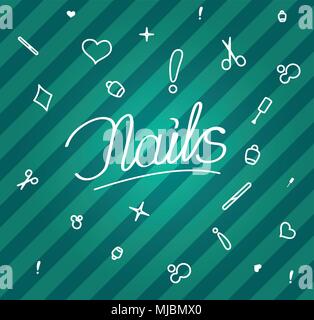 nails word on a color background. pattern with icons polish, manicure, cosmetic Stock Vector