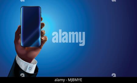 African American or Asiatic hand of the businessman in business suit holding a modern smartphone. Mock up blank. Empty screen of mobile application. Stock Vector