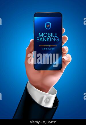 hand of a businessman in a business suit shows the screen of the smartphone or mobile phone. Transfer money through mobile banking on the mobile phone Stock Vector